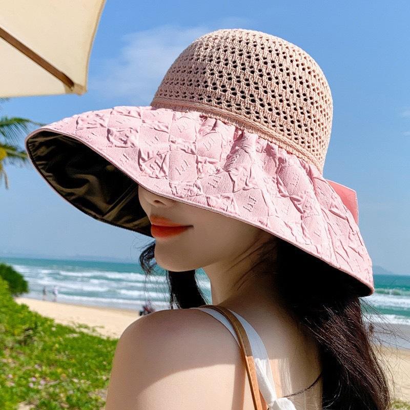 New Vinyl Bow Sun Hat Women's Hollow Straw Hat UV Protection Big Eaves Face Protection Sun Protection Hat Bucket Hat