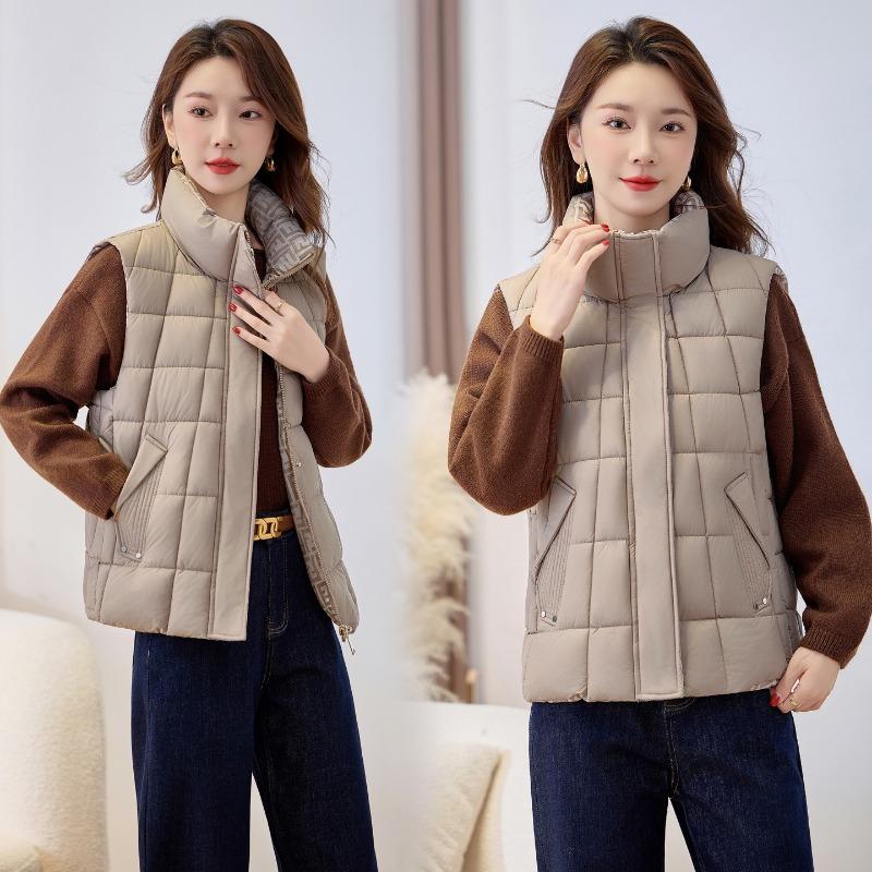 

Cotton vests on both sides, women s short winter cotton vest, stand collar, medium thermal vest, down cotton vest XXL хаки