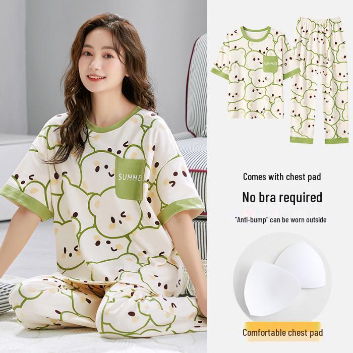 Women's Summer Pajama Set - Stretchy Short Sleeve Top & Long Pants with Built-in Bra Pads, Cotton-Like, Thin, Pullover, Outdoor-Friendly Loungewear