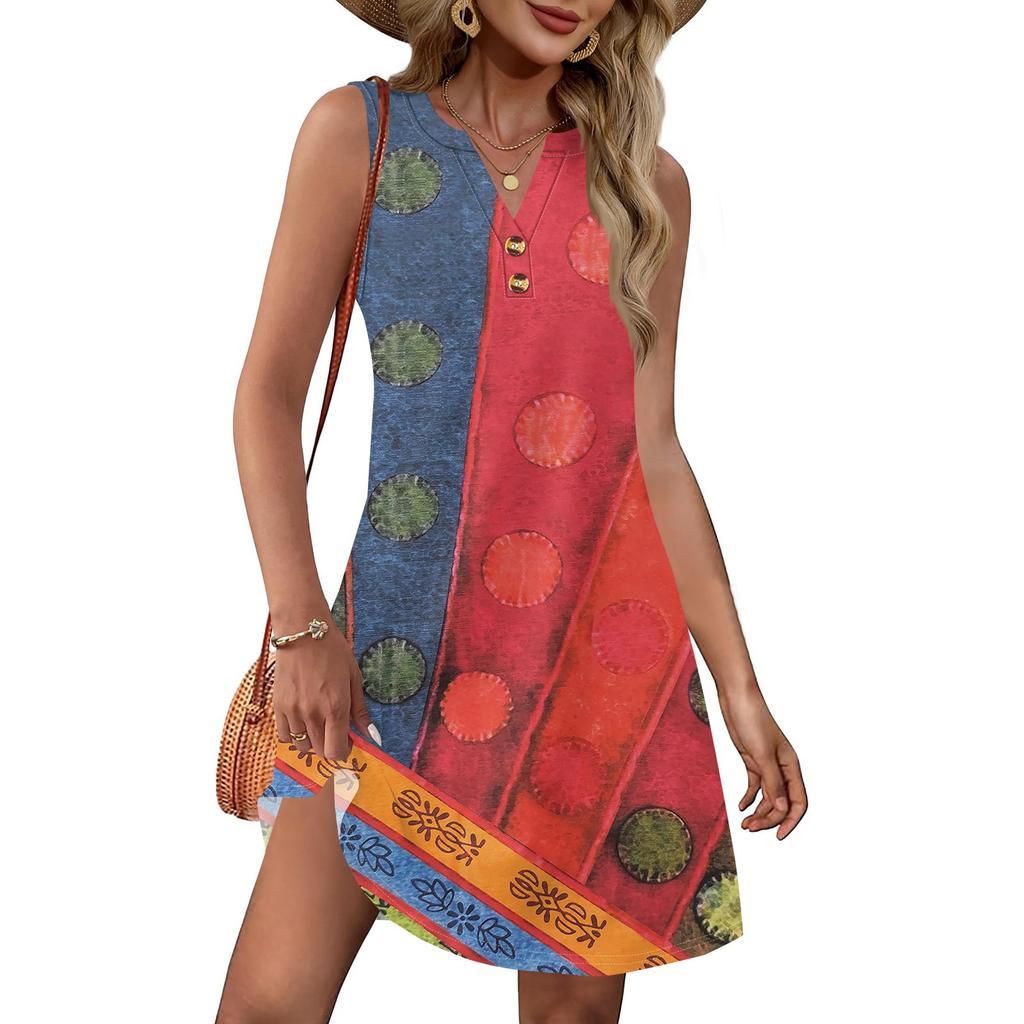Ladies' Fashionable Retro Color Block Patchwork Printed V-neck Button-down Pocket Vest Dress Beach Vacation Summer Dress