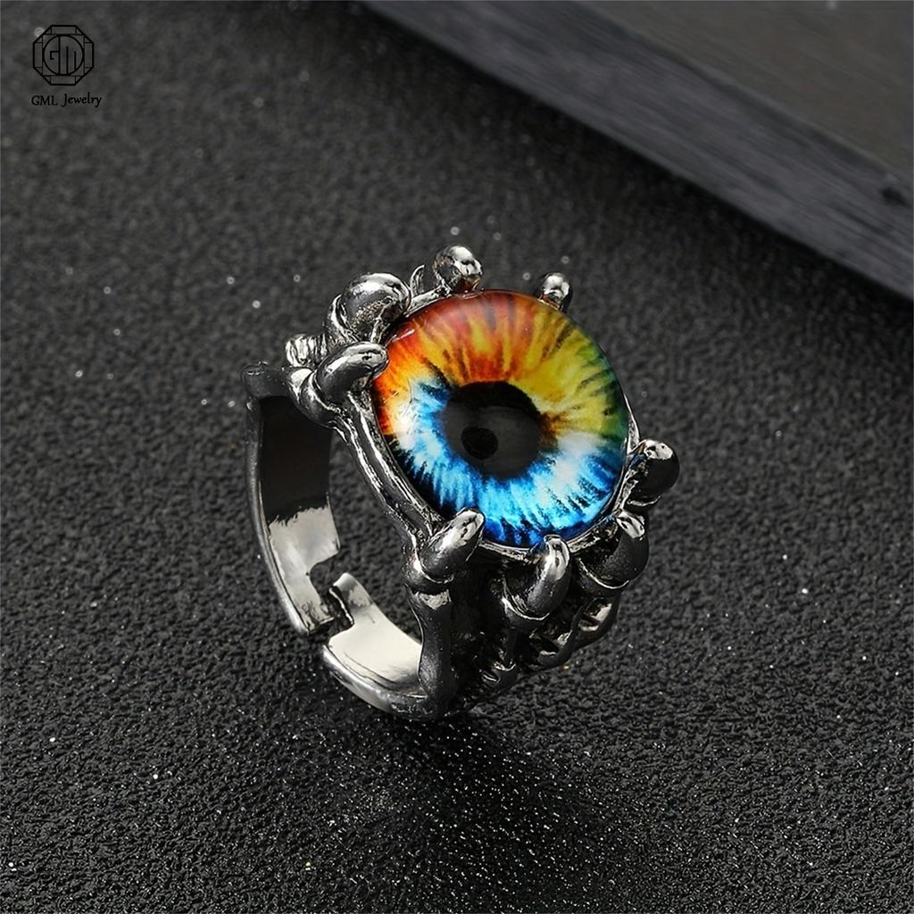 Gothic Dragon Claw Eagle Talon Ring Adjustable Open Band Evil Eye Blue Crystal Gothic Punk Jewelry for Men Women Unisex Vintage