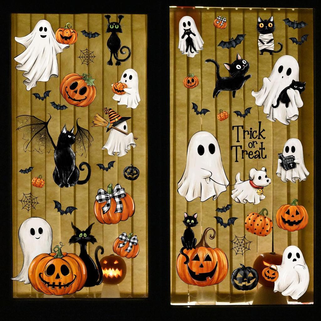87 PCS Halloween Window Clings Ghost Decals Decor, Vintage Ghost Evil Pumpkin Bat Black Cat Reble Window Stickers for Halloween Party Supplies Home