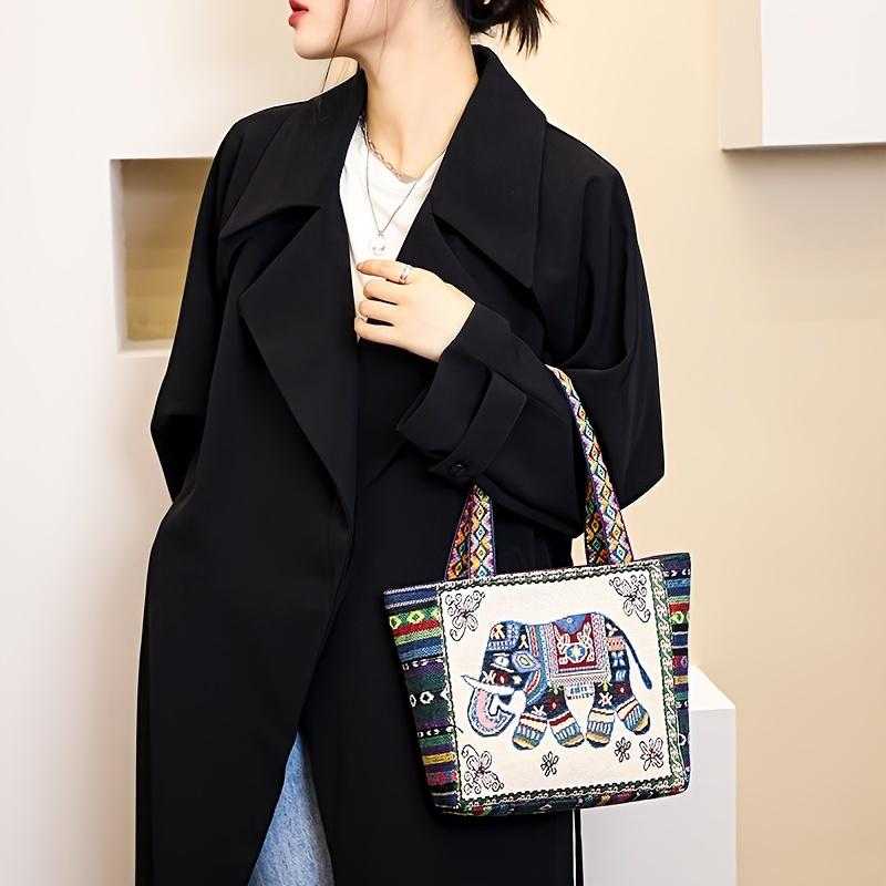 Stylish Ethnic Jacquard Handbag with Zipper Closure, Foldable & Durable for Work or Casual Outings, Work Handbag | Unique Fashion Accessory