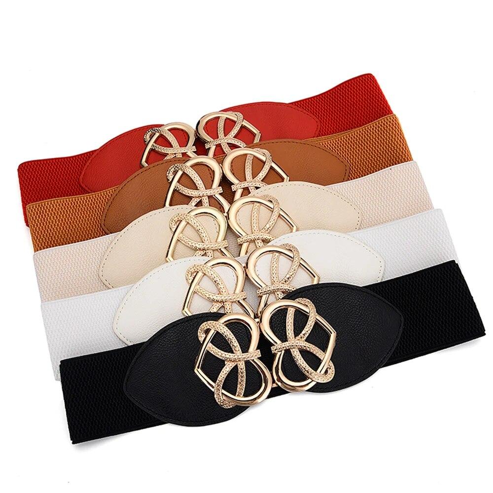 Women's Waist Cover Fashionable Golden Buckle Elastic Waist Closure With Double Hook Buckle Wide Belt With Coat Dress Women Belt