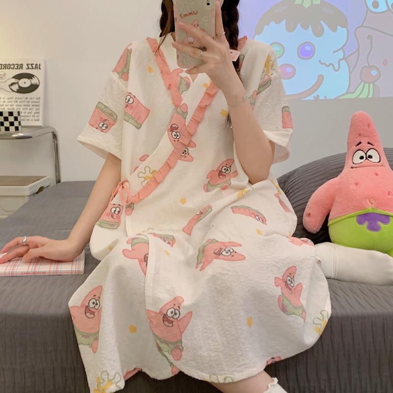2025 Summer Kimono Maternity Nightdress - Crinkle Cotton, Postpartum Mid-Length, Short Sleeve Nursing Dress