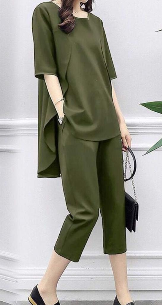 Chiffon Top and Comfortable Loose Fit Jersey Gaucho Pants Sizes [scion & co] [Scion] 2-Piece Set, Slimming, S-XL (JP, Alphabet, XL, Green)
