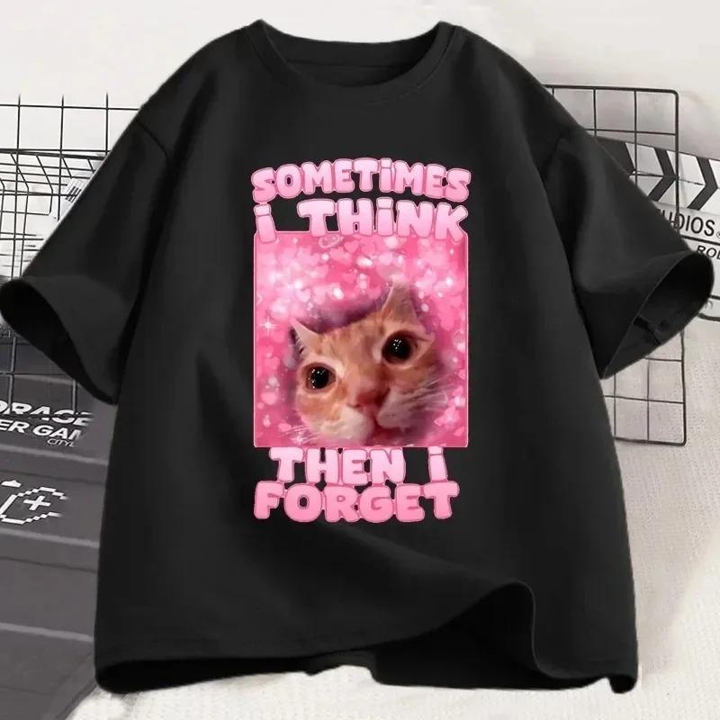 Vintage Pink Heart Background Sometimes I Think Then I Forget Cat Meme Graphic T Shirt Comfortable Women And Unisex Tshrts