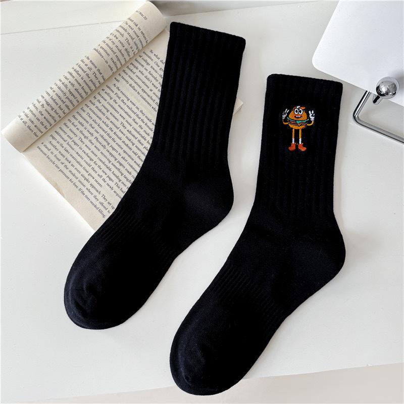 5 perechi de șosete absorbante de transpirație cu design de desene animate, pentru bărbați și femei, cu tub mediu lung, brodate