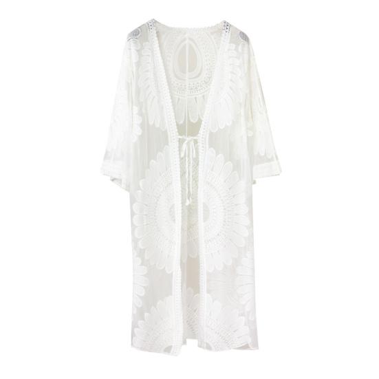 Beach Cardigan Embroidery Floral Lace Design Lightweight Summer Crochet See-through Sun Protection Beach Bikini Cover-Up