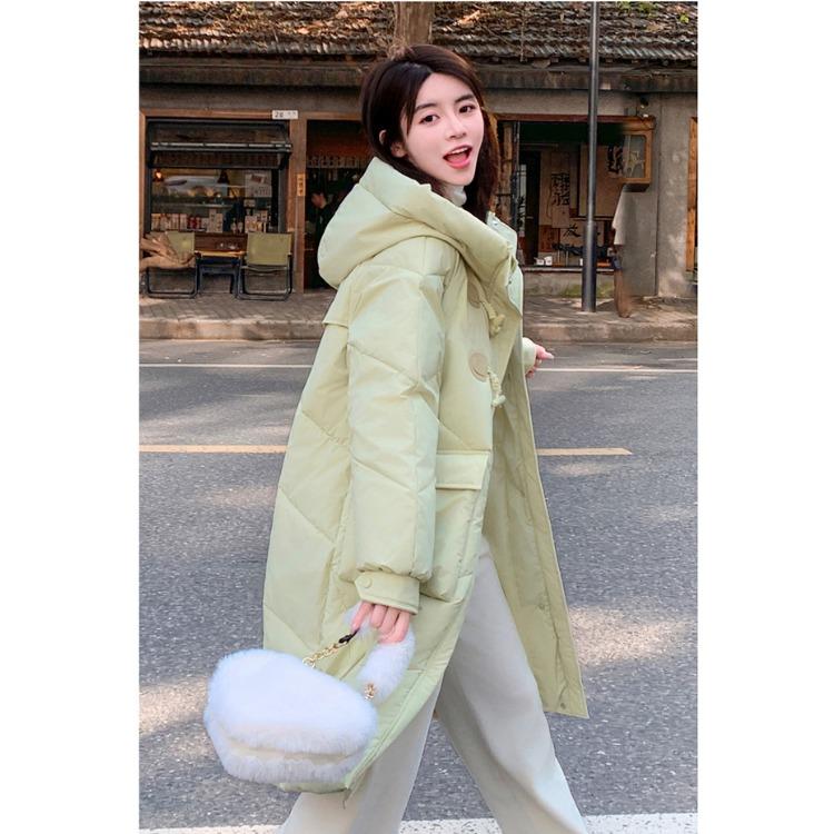 Thickened Korean Bread Coat with Pockets; Fashionable Green Feather Cotton Coat with Hood and Long Design for Winter