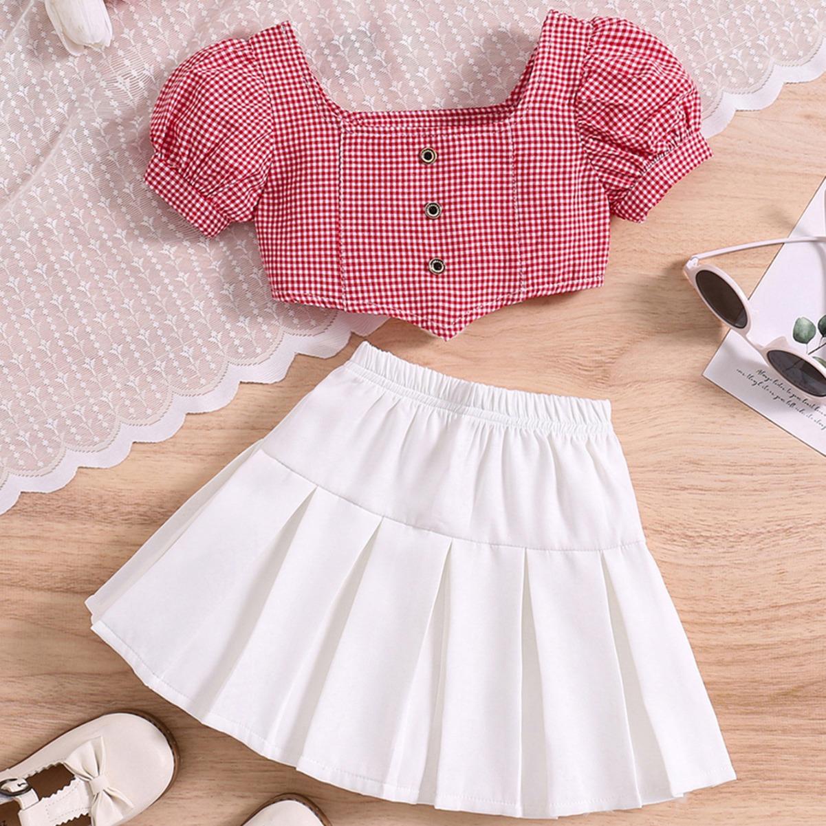 

Girls Fashion Set: Summer Children s Checkered Flared Sleeve Square Neck Pullover, Solid Color Patchwork Pleated Skirt Two-piece Set 90cm червоний