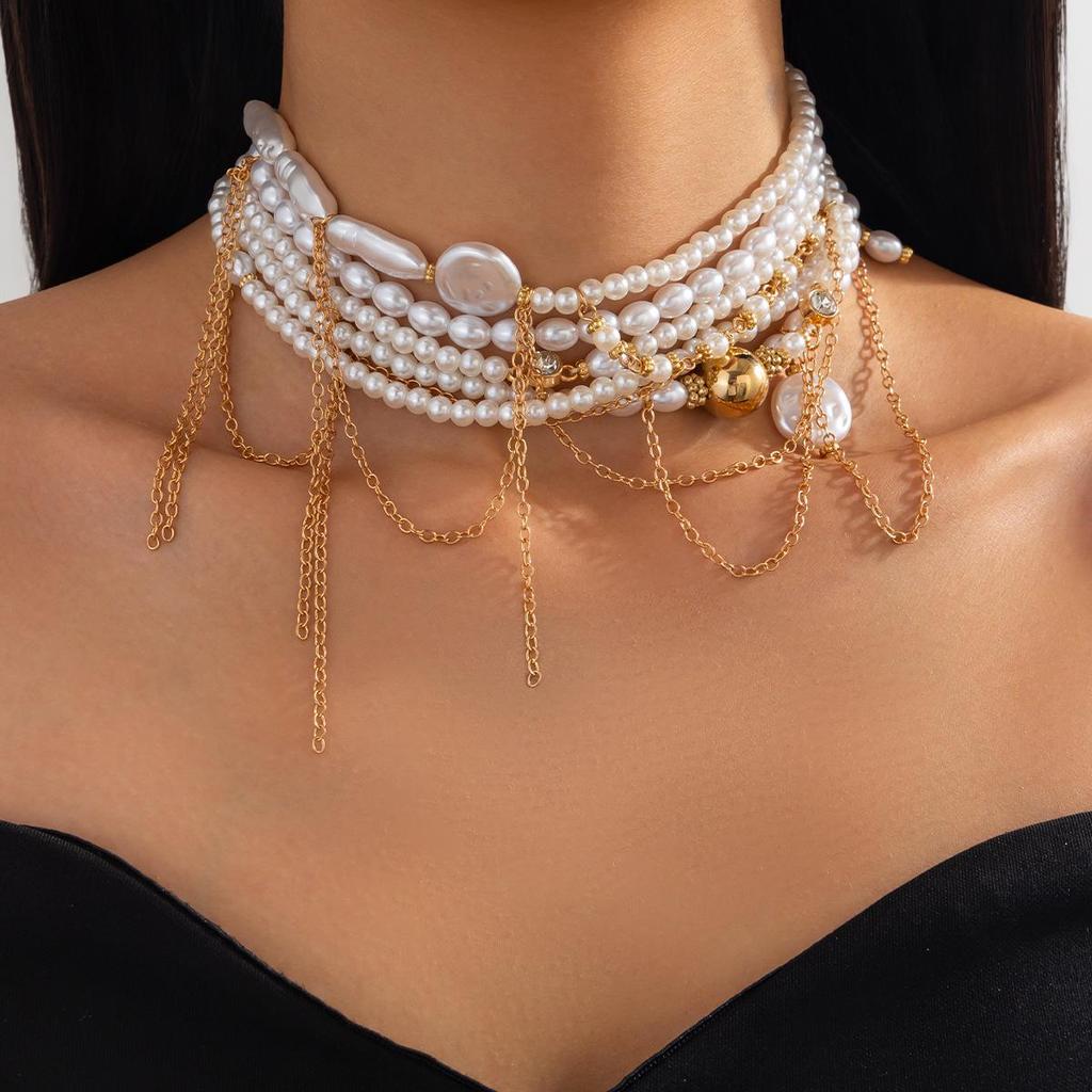 Luxury Pearl Beaded Multi-Layer Tassel Necklace with Alloy Chain