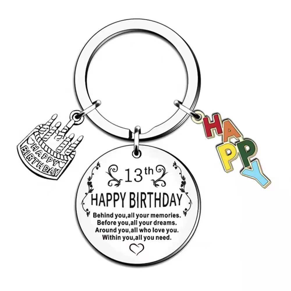 

Happy Birthday Cake Pendant Stainless Steel Keychain Send To Friends Colleagues Birthday Souvenir Stainless Steel Keychain for Backpack Bag Pendant 3*3CM