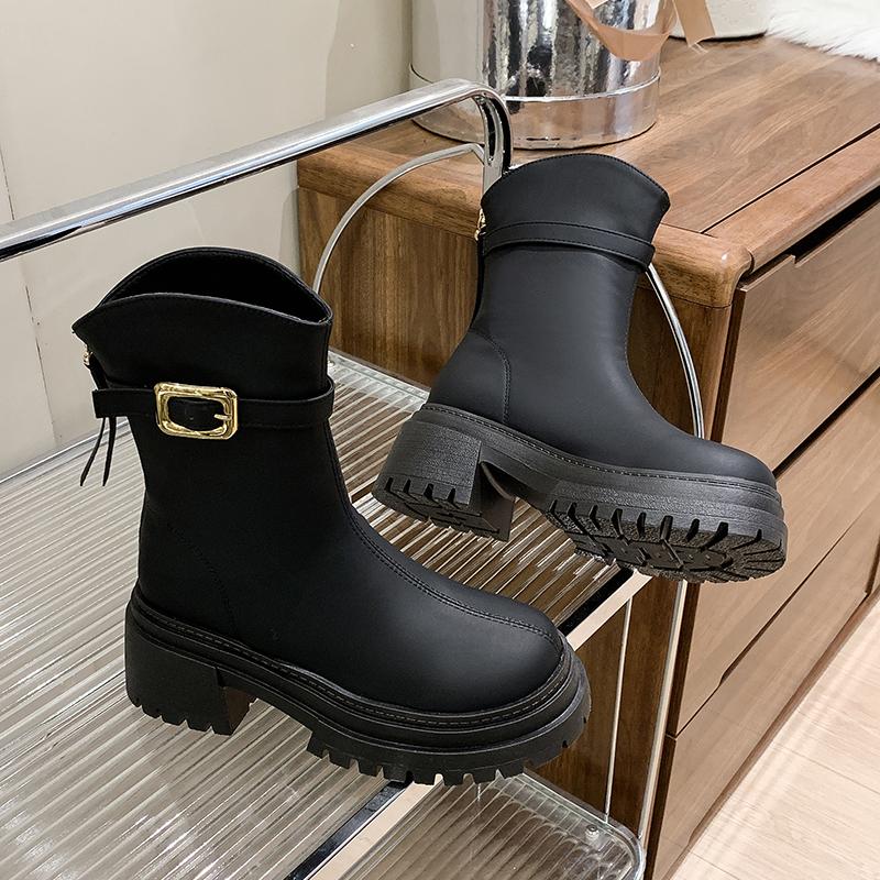 Thick Bottom Women Western Cowboy Boots Fashion Belt Buckle Autumn Winter Female Back Zip Platform Shoes Mid Calf Booties