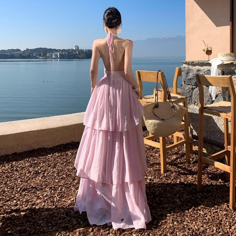 Sexy Collar Pink Suspender Dress Women's Summer Travel Seaside Vacation Beach Neck Skirt