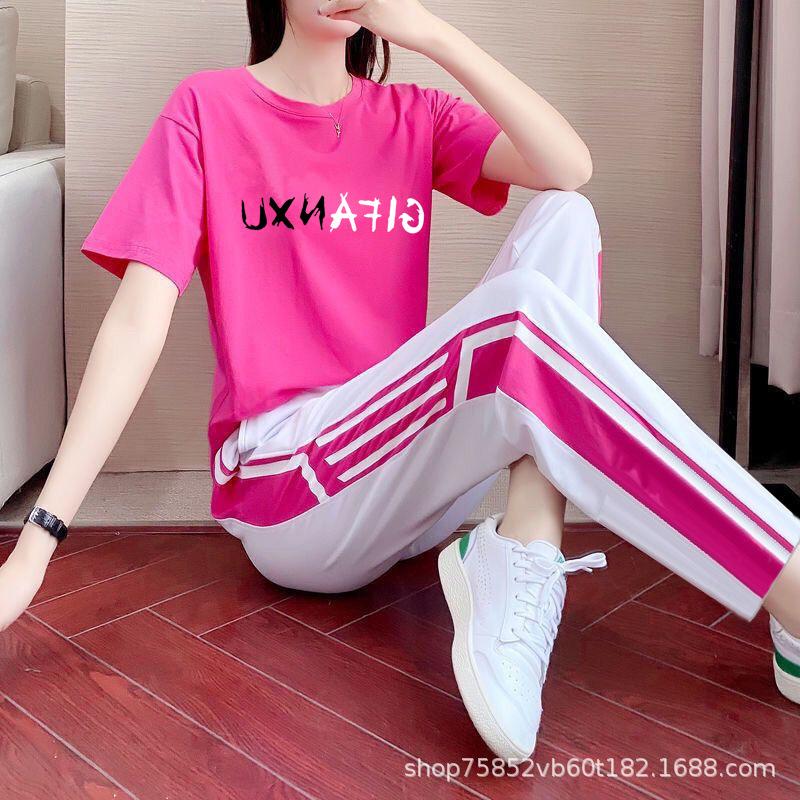 Sports Hong Kong style suit women's summer new high-end short-sleeved top straight-leg pants fashion casual loose two-piece set