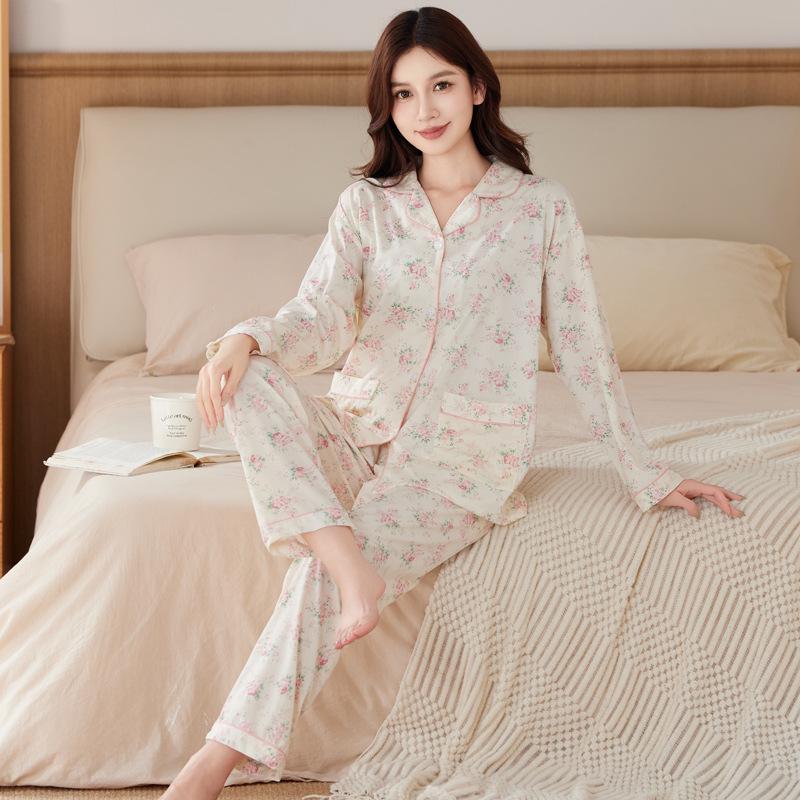 Gentle Floral Imitation Cotton Pajamas Loose Large Size Spring and Autumn Thin Long-sleeved Trousers Mother Casual Loungewear