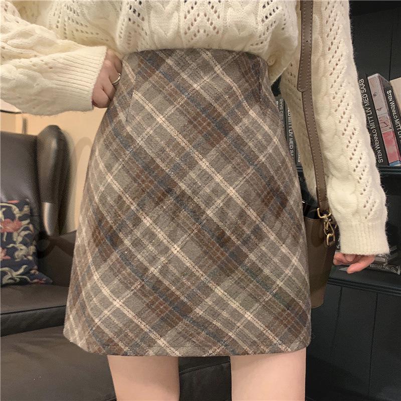 Women s Korean Retro Plus Size Plaid Woolen A-line High Waist Skirt - 2026 Autumn/Winter XL