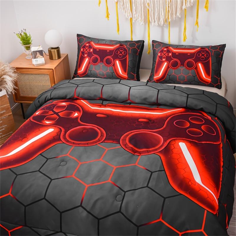 3PCS Game Console Duvet Cover Set 3D Gaming Geometric Lightweight Microfiber Bedding Sets One Duvet Cover Two Pillowcase