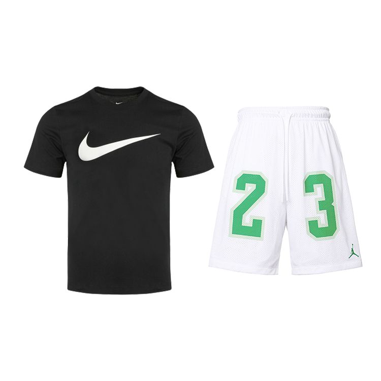

Nike Однотонный свитер с круглым вырезом, коротким рукавом, цифровая печать, свободный крой, шорты со средней талией и завязками, повседневный спортивный комплект DC5095-010+DX9672-100 S