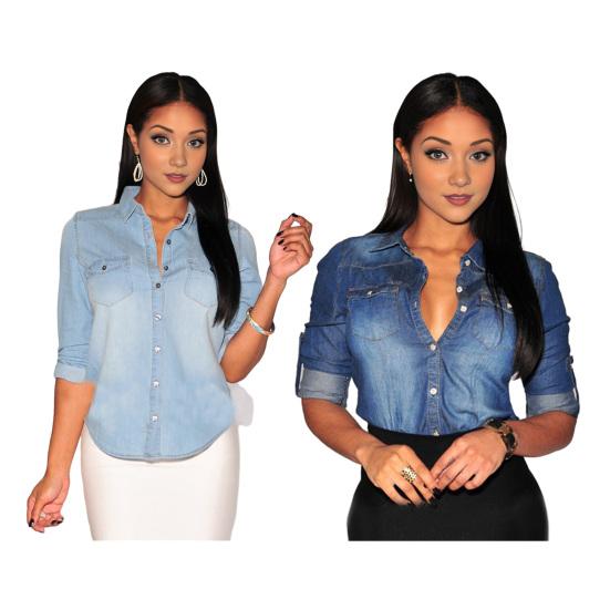 Women Shirt Lapel Long Sleeve Loose Fit Shirt Tops Flap Pockets Buttons Placket Denim