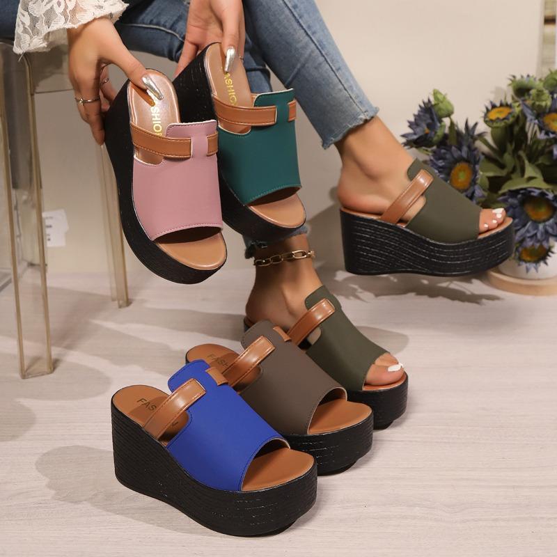 Wedge-heeled Slippers, Color-matching Sandals and Slippers, Summer Ladies Thick-soled Sandals