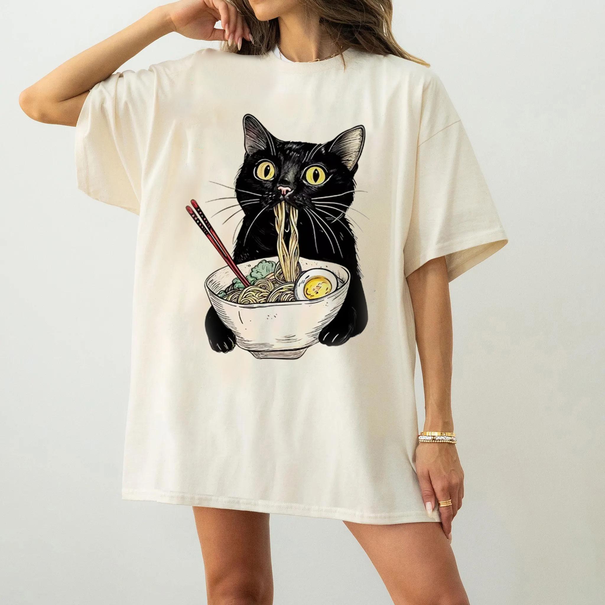 

Streetwear Noodle RaUnisex Black Cat Foodie Lover T Shirts Tee Women Unisex Cotton Summer Loose Casual Harajuku ONeck Oversized Tops S