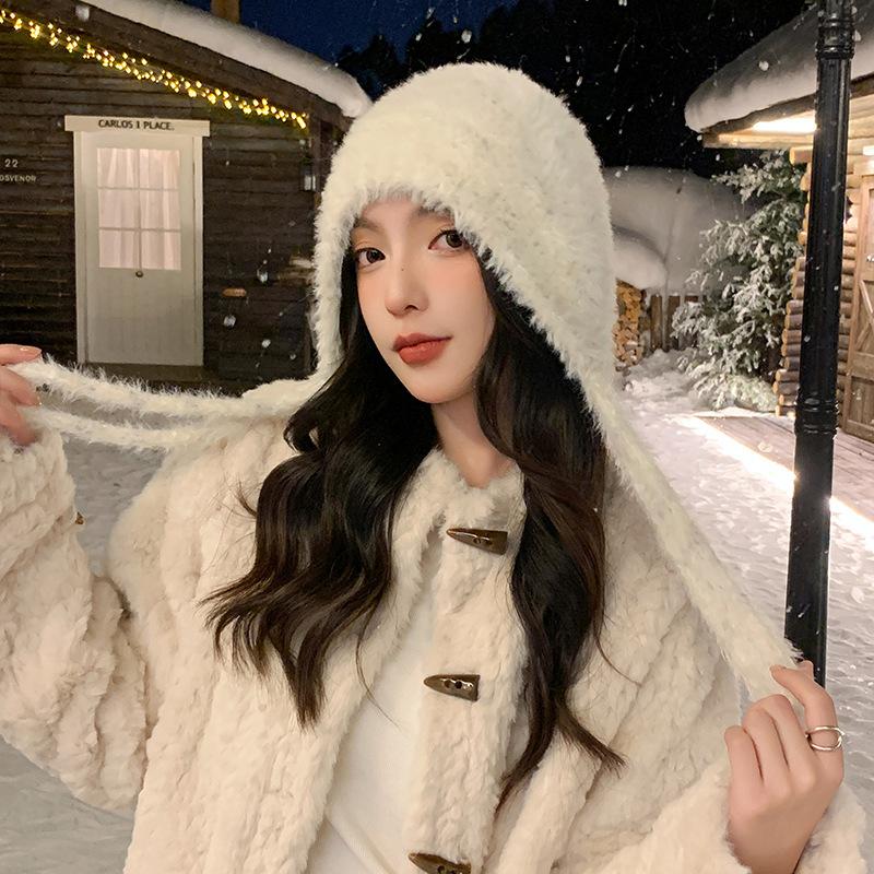 Female autumn and winter cute lace-up plush hat outdoor windproof thickened wool hat showing small face ear protection knitted hat