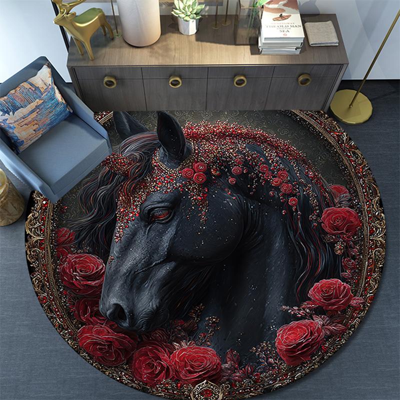 Schwarzes Pferd Runder Teppich, Teppich für Wohnzimmer Schlafzimmer Sofa Spielzimmer Dekor, Rutschfeste Fußmatte