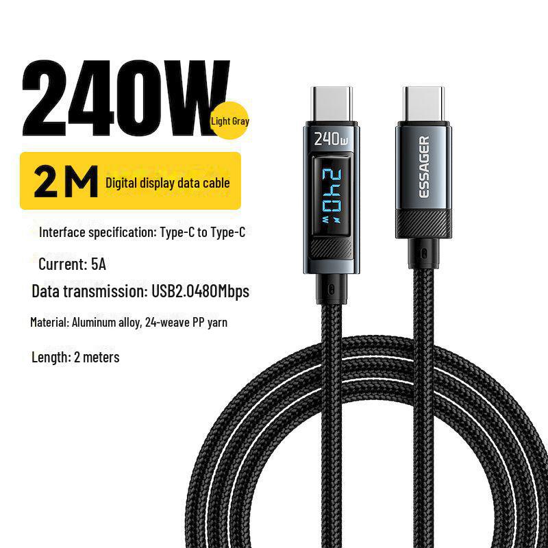 

ESSAGER 240W Type-C to Type-C PD быстрозарядный кабель в оплетке с цифровым дисплеем