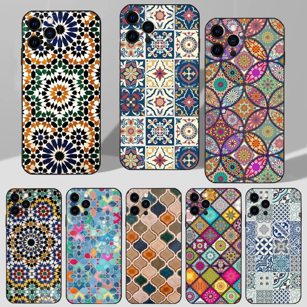 M-Moroccan Tile Phone Case For iPhone 16,15,14,13,12,11 Plus,Pro Max,XS,X,XR,SE,Mini,8,7 Soft Silicone Black Cover