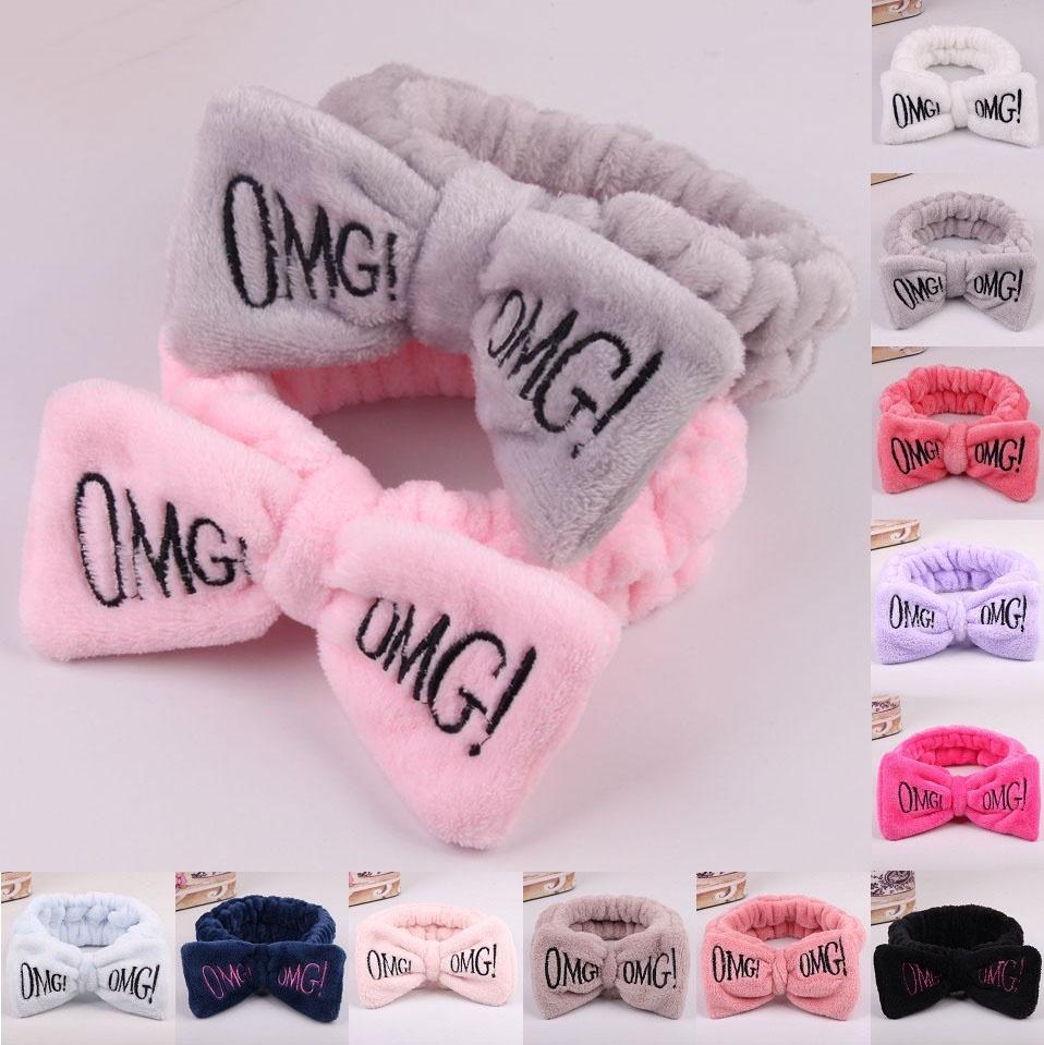 Versatile Candy Color Omg Letters Bow Headband Coral Fleece For Daily Facial Routines
