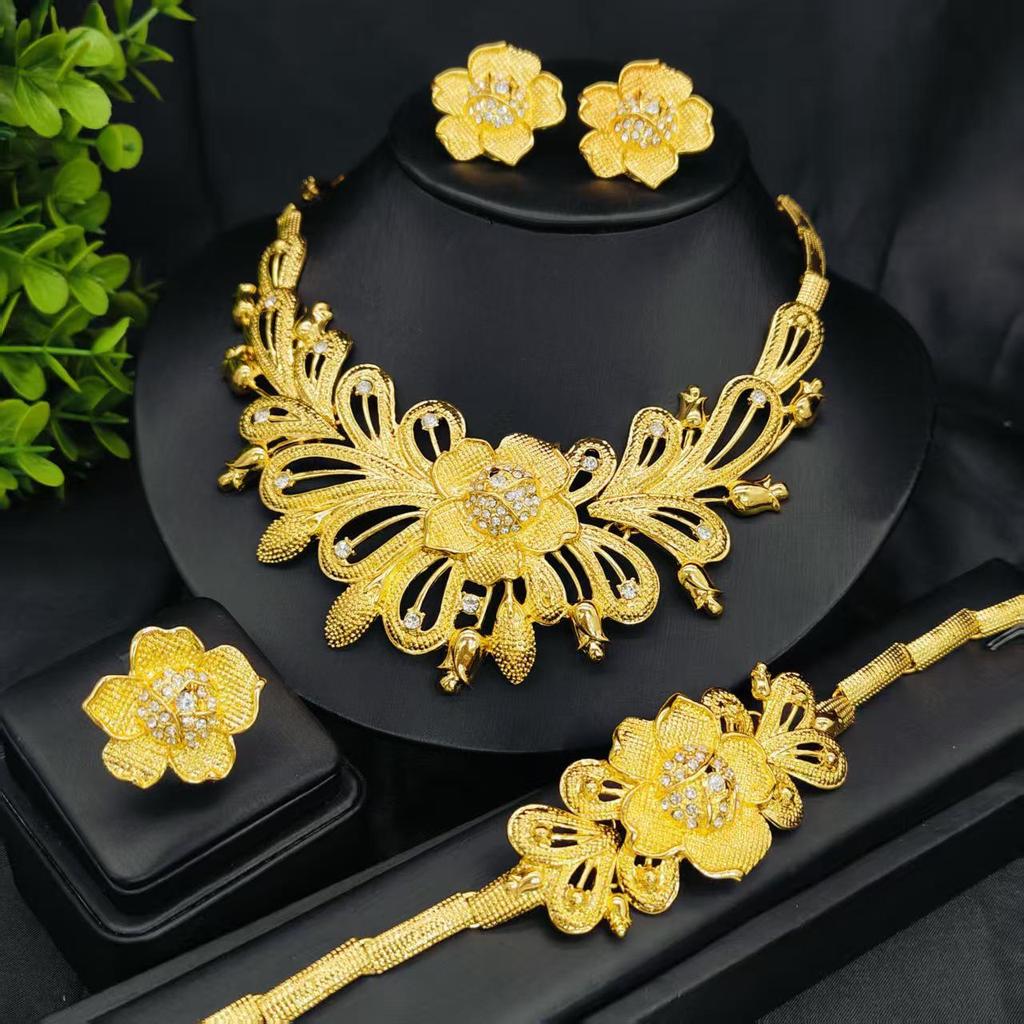 "Dubai Flower Jewelry Set: Necklace, Earrings, Bracelet, Ring - Indian Bridal Set"