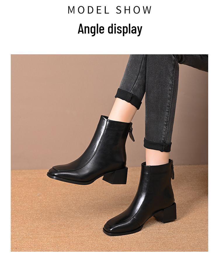 Damen Stiefeletten mit Blockabsatz - Herbst/Winter 2025, Leder, Plus Samt, Nude, Eckige Zehenpartie, Mittelhoher Absatz, Bequeme Passform.