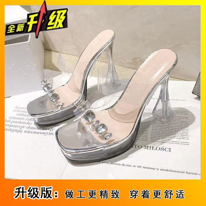 Versatile super high-heeled women's shoes rhinestone cool slippers 2025 new beautiful crystal thick heel transparent waterproof table sandals women