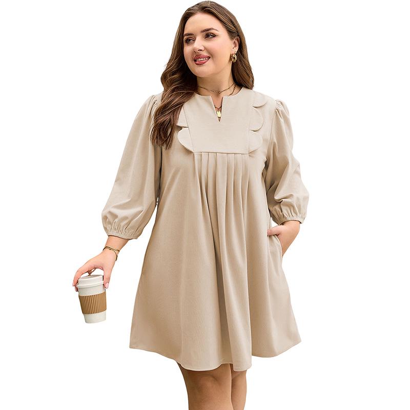 2025 Autumn/Winter Plus Size European & American Solid Color Knee-Length Ruffle Dress for Women XL