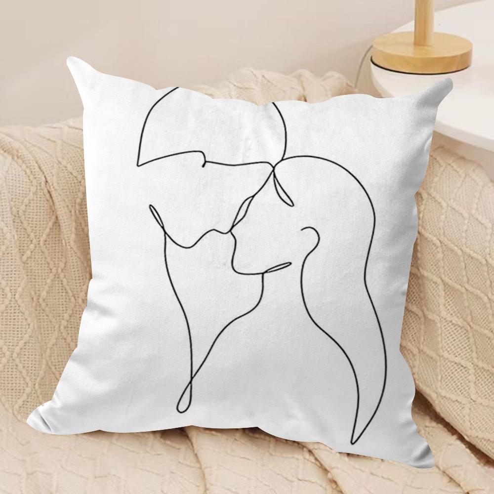 Black White Couple Line Cushion Cover Soft Plush Fabric Double-Sided Printed Sofa Cushion Cover for All Seasons Home Decor Gift