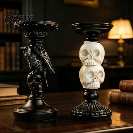 Three Dimensional Skull Decor Halloween Candlestick Holder Decoration, Gothic Raven Candle Holder, Pillar Stand Spooky Taper for Tabletop Home