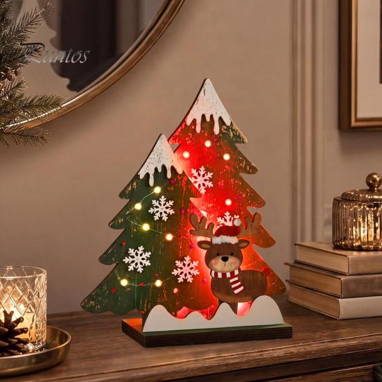 Exquisite Wood Craft Wooden Christmas Tree Table Decor with LED Light, Rustic Standing Sign Party Supplies Reindeer Santa Claus for Holiday