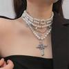Fashionable Pearls Multilayered Necklace with Silver Sturdy Alloy Crosses Pendant Accessory for Women and Girls