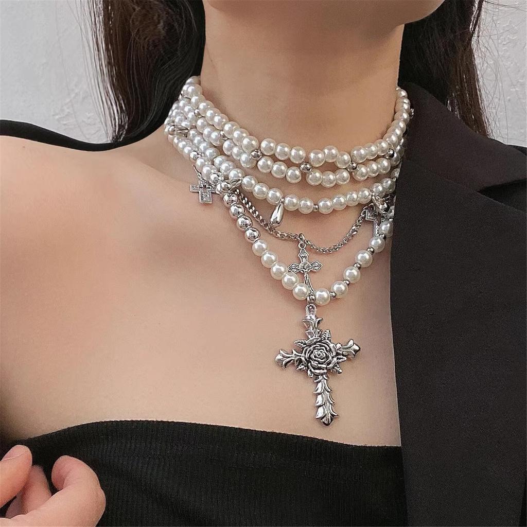 Fashionable Pearls Multilayered Necklace with Silver Sturdy Alloy Crosses Pendant Accessory for Women and Girls