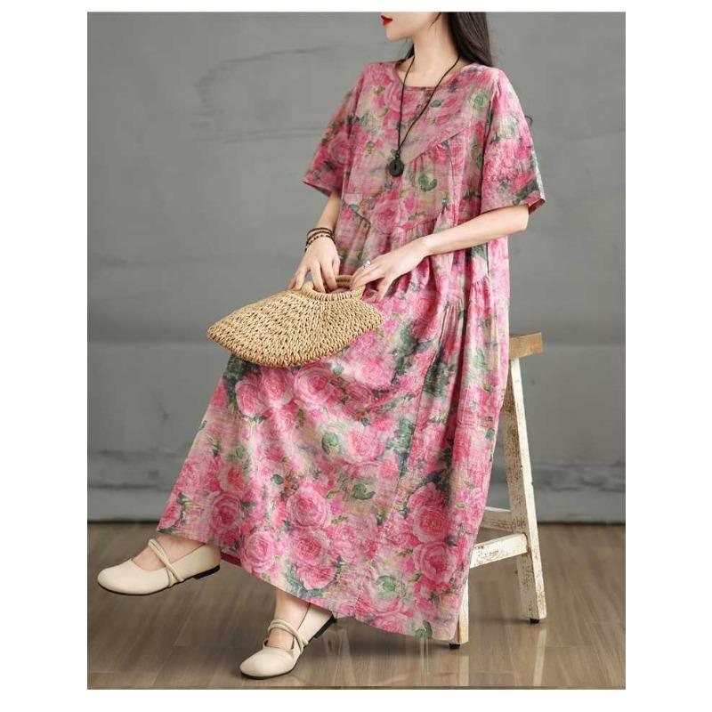 Retro Cotton and Linen Round Neck Short Sleeved Dress for Women, Loose A-line Skirt