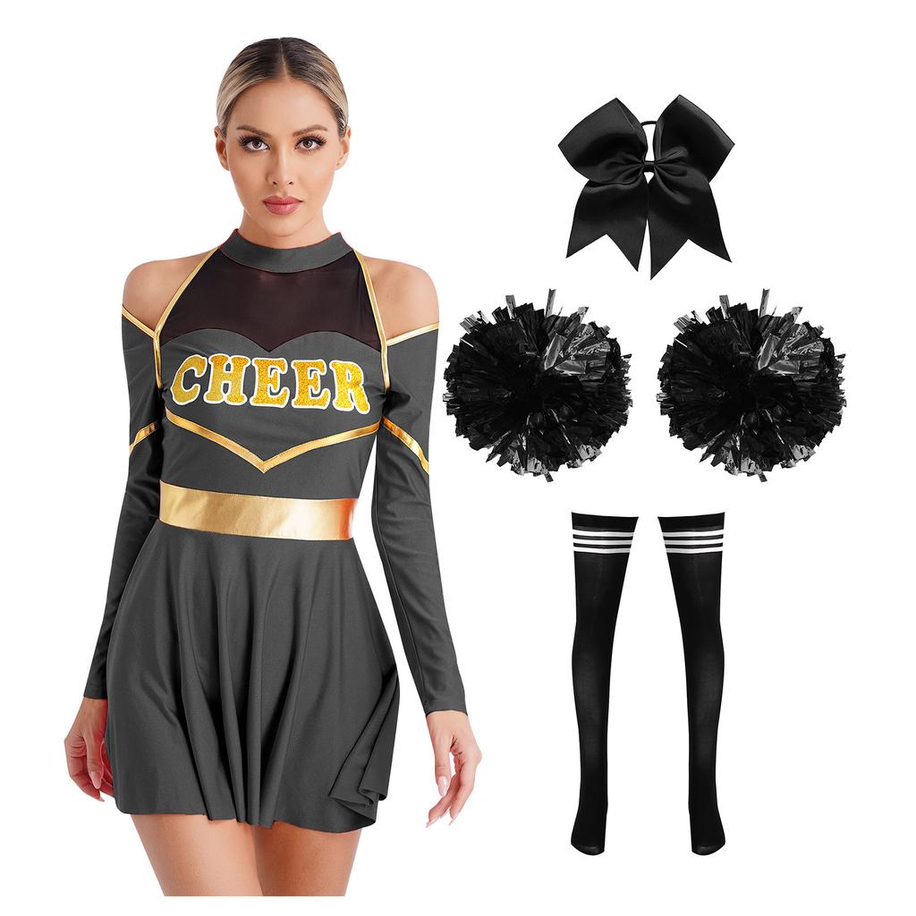 Complete Cheerleading Halloween & Performance Outfit for Women S-XXL: Cutout Dress with Accessories (Bow, Socks, Flowers)