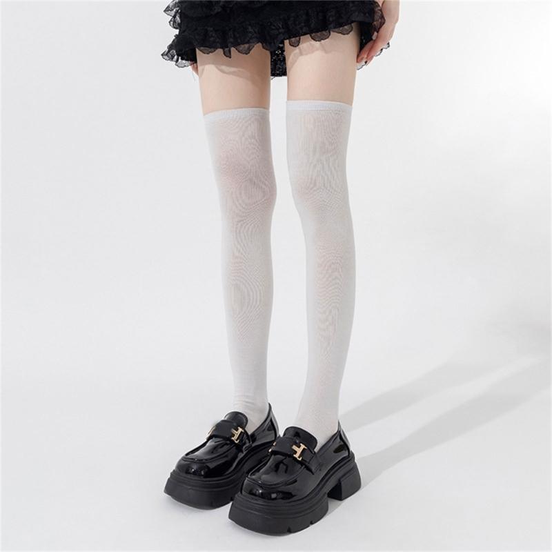 Women Solid Color Ribbed Cuffs Thigh High Stockings Japanese Preppy Students Stretchy Over The Knee Long Boot Socks