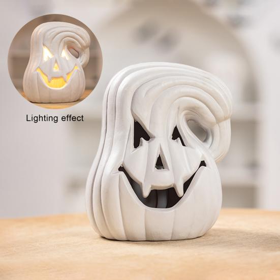 Large LED Lighted Pumpkin Statue Halloween Curved Pumpkin Lamp Autumn Farmhouse Tabletop Centerpiece for Home Porch Room Mantel Decor