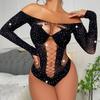 Sexy spodní prádlo štrasové lesklé dlouhé rukávy síťované oblečení Bodystocking Spodní prádlo