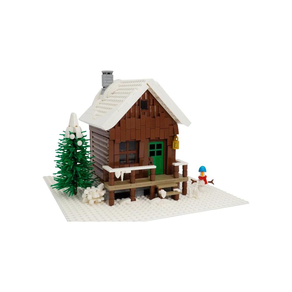 Gobricks MOC Snowy Winter Cottage Bricks Model Creative Street View Christmas House Lodge Building Blocks Snowflake Tree Toys