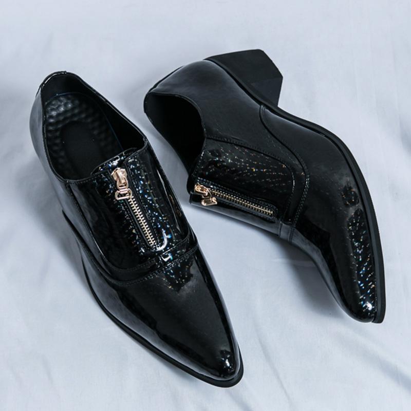

Новые мужские синие черные лаковые туфли с острым носком на молнии, повседневные лоферы, мокасины, свадебные туфли, выпускные балетки, Zapatillas Hombre 38