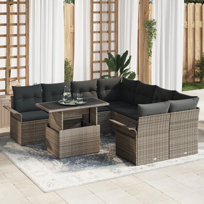 Ensemble de Sofa de Jardin de 9 Pièces avec Coussins en Rattan Poly Gris, Sofa de Jardin 2 Places avec Rangement &amp; Coussins 3356992
