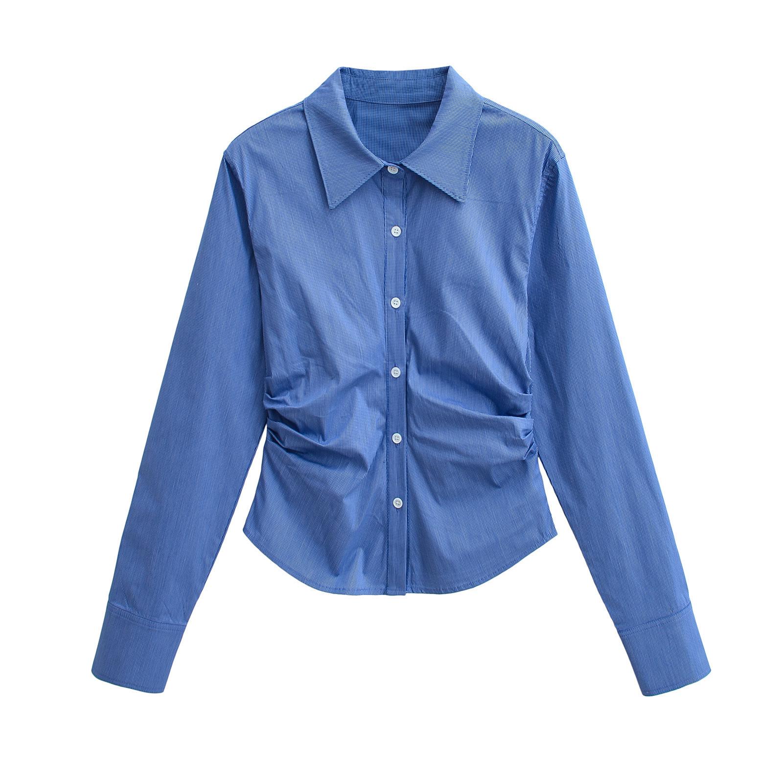 

Рубашка женская в европейском и американском стиле ретро - Коллекция весна/лето 2025: Приталенный, Плиссированный, Стройнящий, Отложной воротник, Застежка на пуговицы M синий